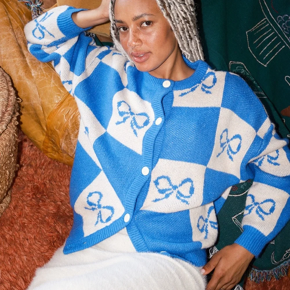 NWOT: Lisa Says Gah Blue and Cream Checkered Cardigan - Picture 5 of 14